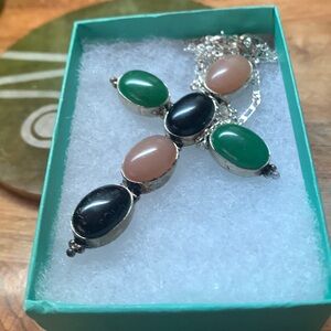 Three stone cross with silver plated metal and silver plated chain